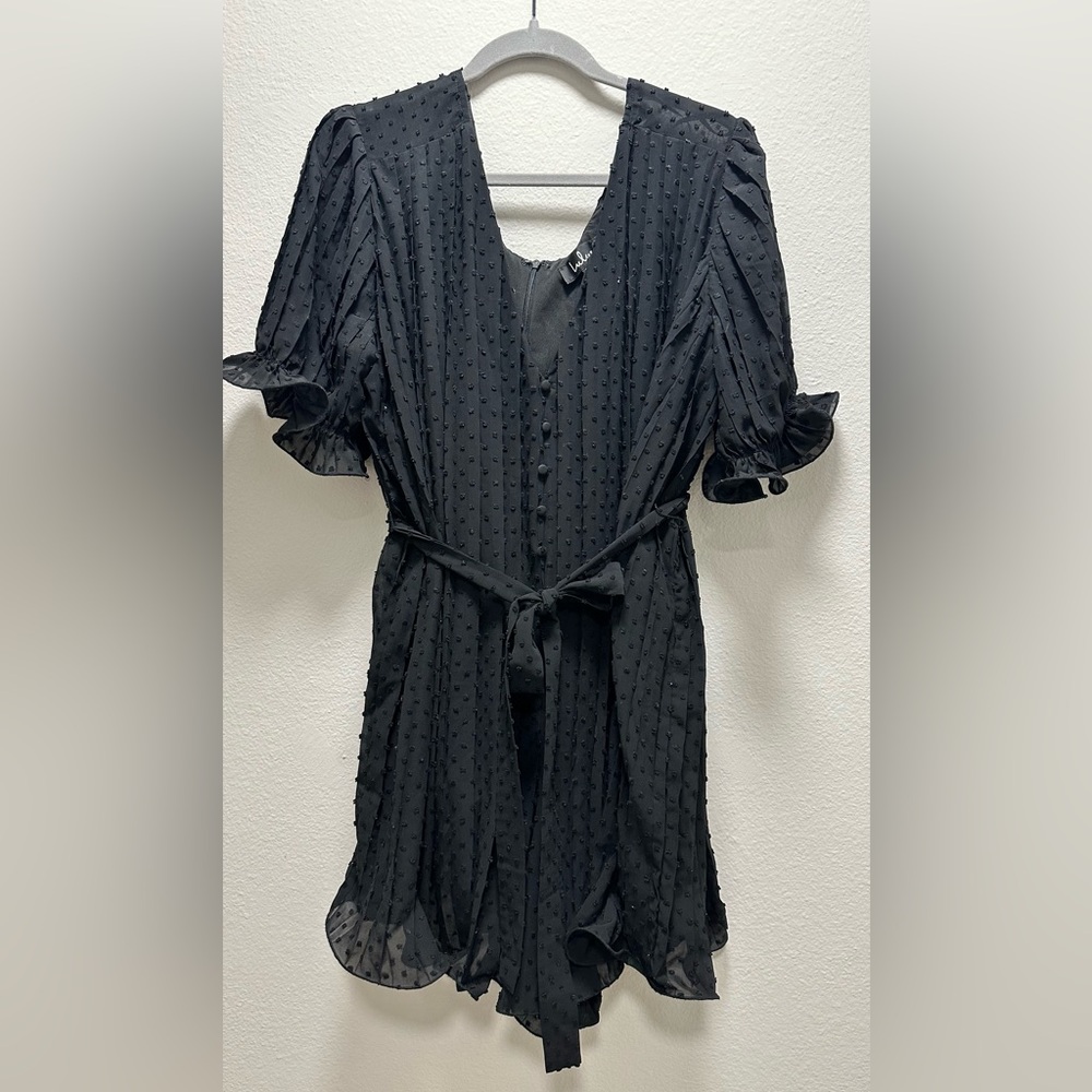 Black Button Up Dotted Romper with Waist Tie